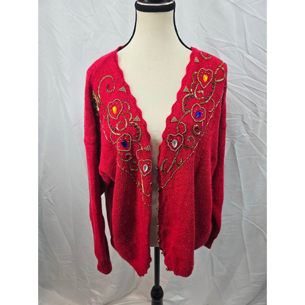 Sarah Richards Red Beaded Heart Embellished V Neck Cardigan Sweater Women 20W 40